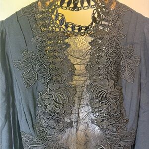 Free People Black Top with Embroidered Label and Purple Accent